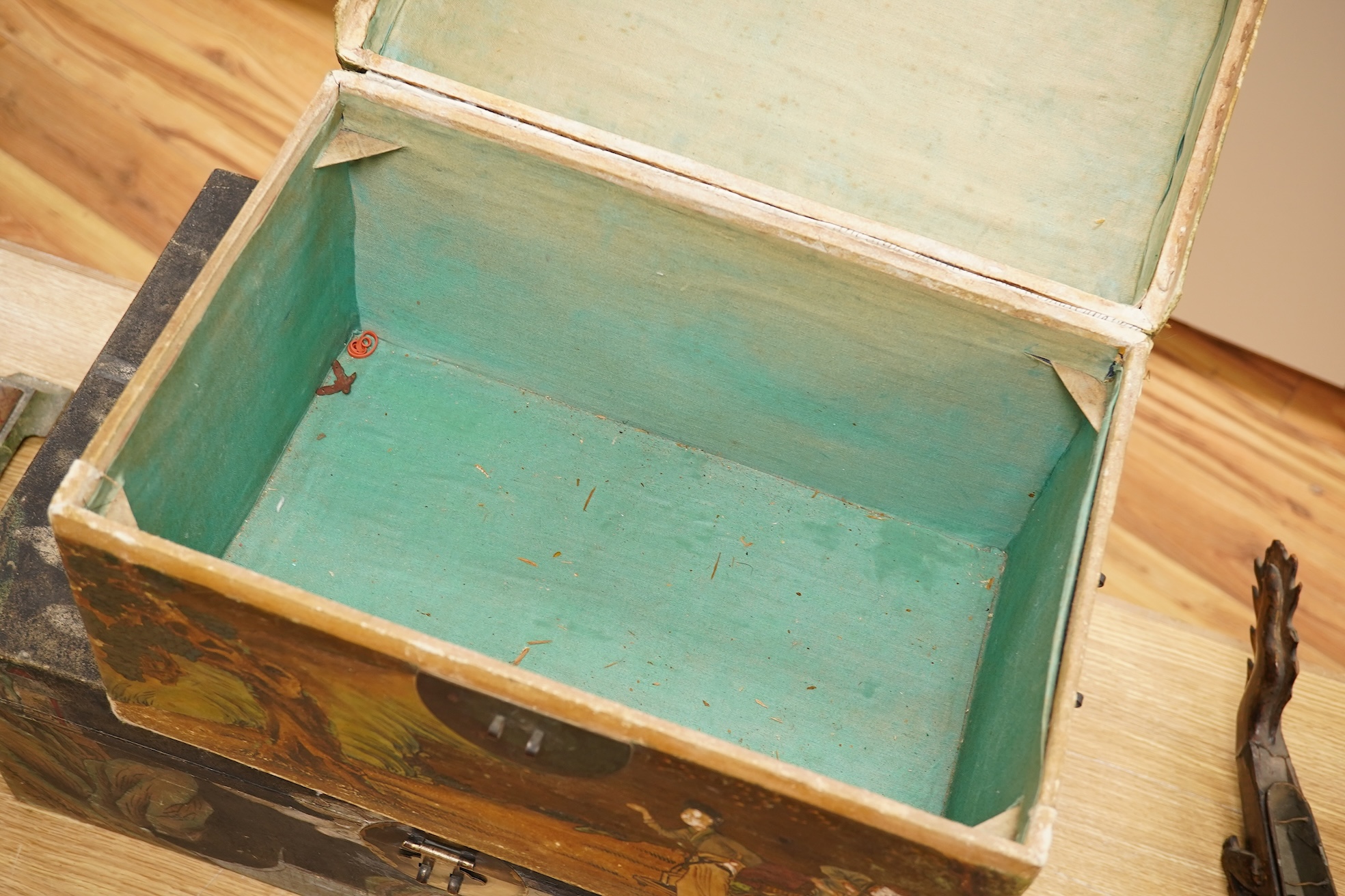 Two Chinese polychrome decorated hide chests, largest 56cm wide